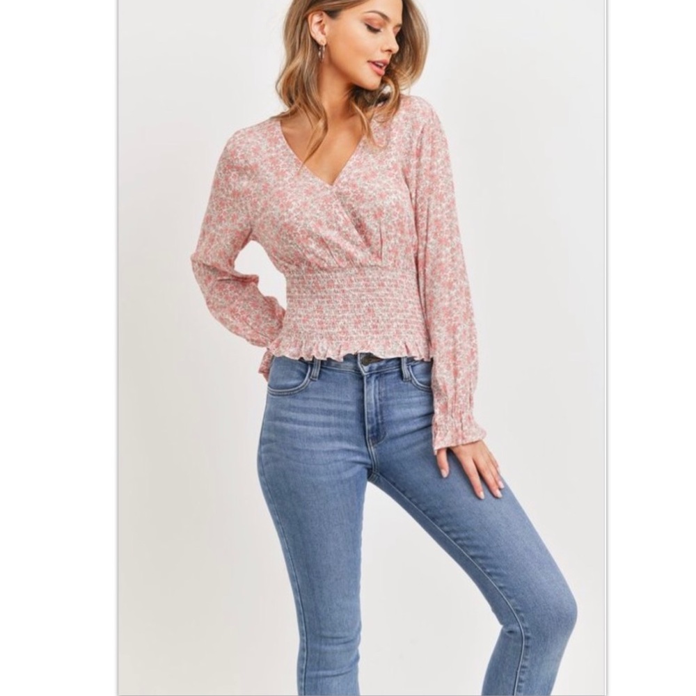 Paper Crane Floral Smocked Waist Puff Sleeve Top